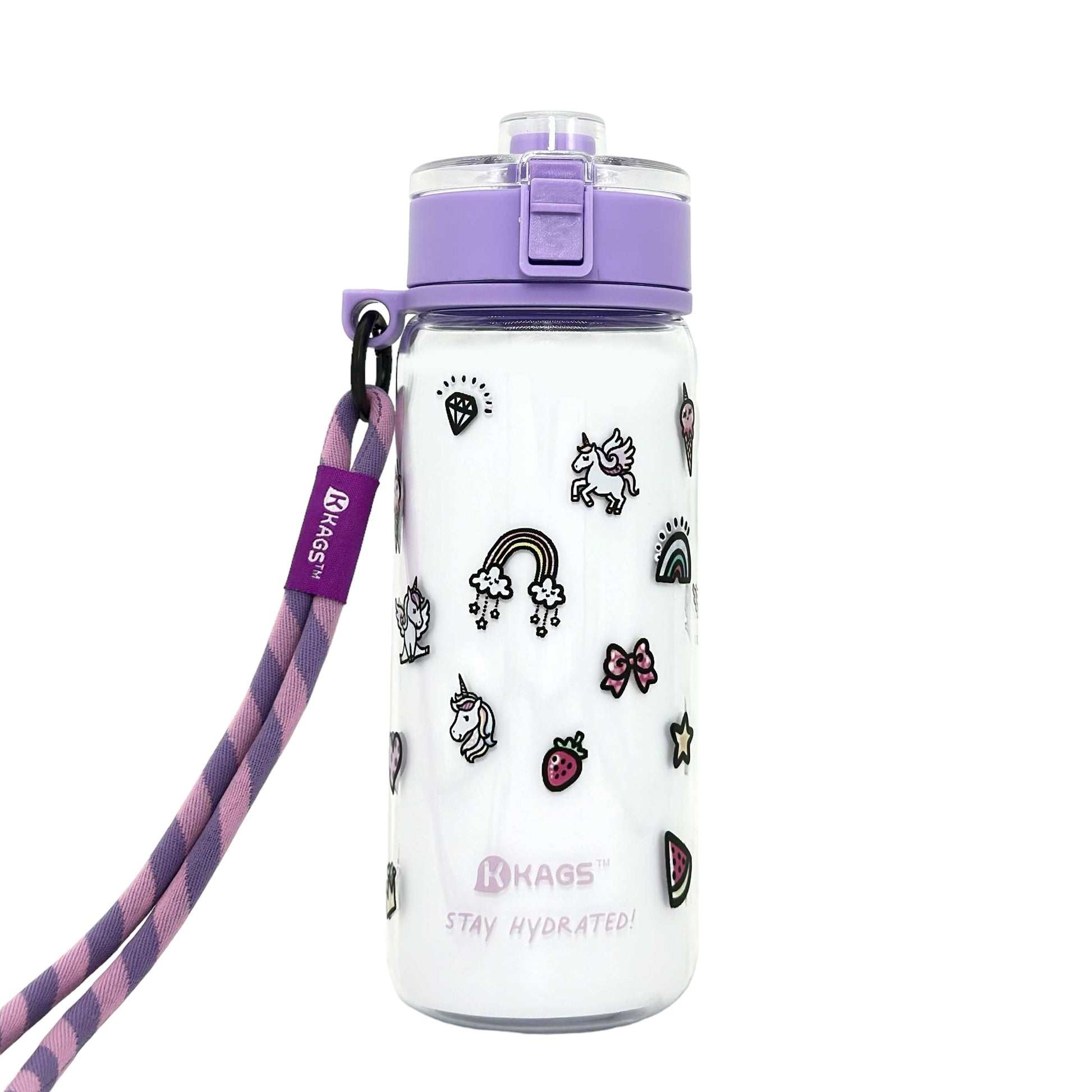 KAGS AQUARECHARGE Series Tritan 600ML Water Bottle w/ Crossbody Strap Cartoon Series