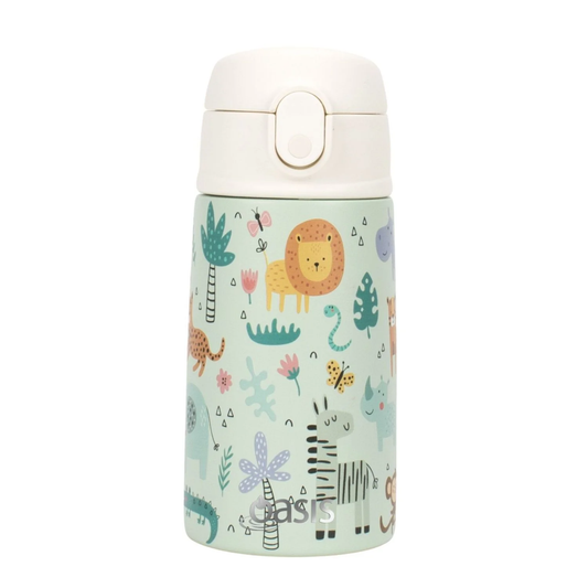 Oasis Kids Water Bottle with Sipper Silicone Straw 400ML (Wildlife Wonders - Green)